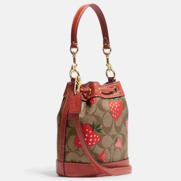 NWT COACH Mini Dempsey Bucket Bag Signature Canvas Wild Strawberry Print CH164 - Picture 9 of 12